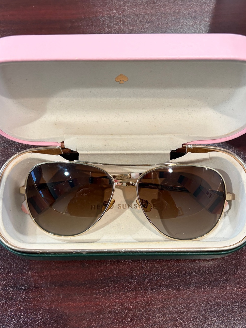 kate spade Gold Aviator Sunglasses with Brown Lenses and Pink Case